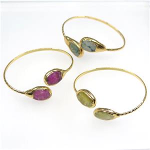 mixed gemstone cuff bangle, gold plated, approx 50-65mm dia [GMBR316]