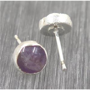 Amethyst earring studs, circle, 925 silver plated, approx 8mm dia [GMER001]