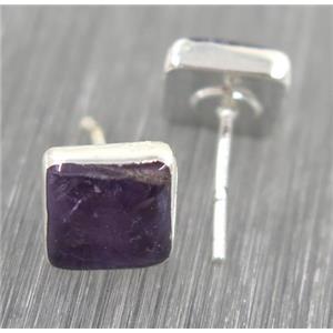Amethyst earring studs, square, 925 silver plated, approx 8mm [GMER002]
