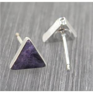 Amethyst earring studs, triangle, 925 silver plated, approx 8mm [GMER003]