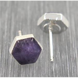 Amethyst hexagon earring studs, 925 silver plated, approx 8mm [GMER004]