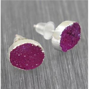 hotpink Druzy agate earring studs, 925 silver plated, approx 8x10mm [GMER007-L]