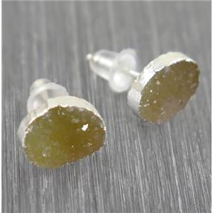 yellow Druzy agate earring studs, 925 silver plated, approx 6x8mm [GMER008]