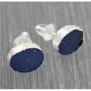blue Druzy agate earring studs, 925 silver plated, approx 8x10mm [GMER009-L]