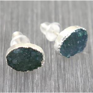 green Druzy agate earring studs, 925 silver plated, approx 8x10mm [GMER010-L]
