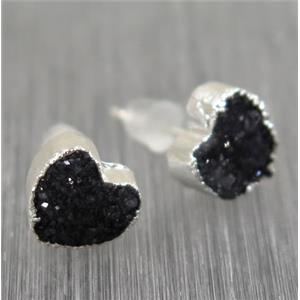 black Druzy agate earring studs, heart, 925 silver plated, approx 8mm [GMER012]