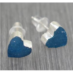 blue Druzy agate earring studs, heart, 925 silver plated, approx 8mm [GMER013]