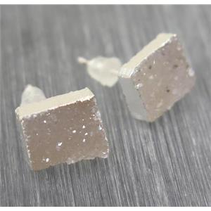 white-gray Druzy agate earring studs, square, 925 silver plated, approx 8.5x10.5mm [GMER014]