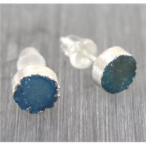 blue Druzy agate earring studs, circle, 925 silver plated, approx 6mm dia [GMER015]
