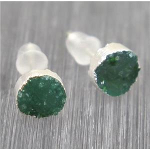 green Druzy agate earring studs, circle, 925 silver plated, approx 6mm dia [GMER017]