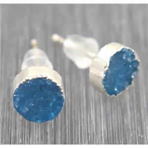 blue Druzy agate earring studs, circle, 925 silver plated, approx 6mm dia [GMER018]