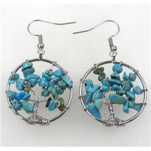 tree of life earring with blue truqoise chip beads, approx 30mm dia [GMER027]