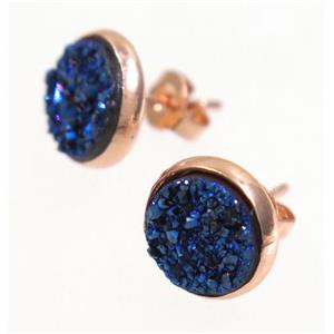 blue druzy agate earring studs, rose gold, approx 8mm dia [GMER029]