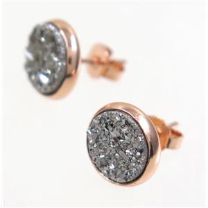silver druzy agate earring studs, rose gold, approx 8mm dia [GMER031]