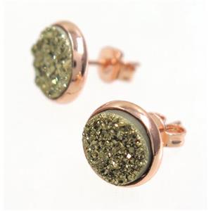 golden druzy agate earring studs, rose gold, approx 8mm dia [GMER032]