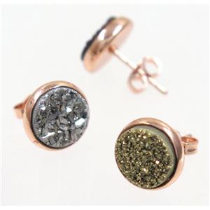 druzy agate earring studs, mix color, rose gold, approx 8mm dia [GMER033]