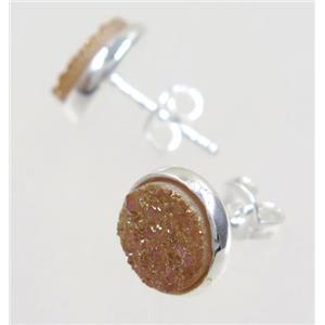 gold-champagne druzy agate earring studs, silver plated, approx 8mm dia [GMER034]
