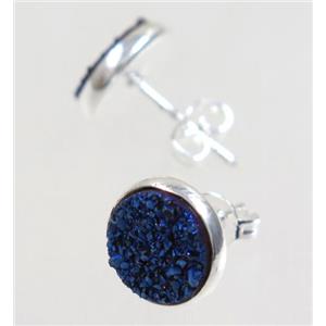 blue druzy agate earring studs, silver plated, approx 8mm dia [GMER035]