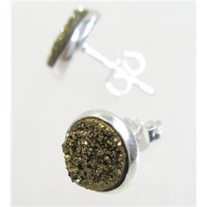 golden druzy agate earring studs, silver plated, approx 8mm dia [GMER037]