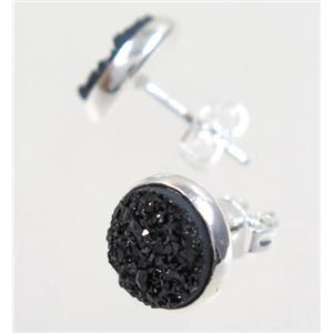 black druzy agate earring studs, silver plated, approx 8mm dia [GMER038]