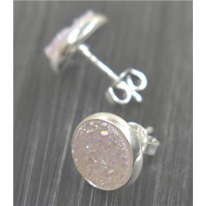 white AB-color druzy agate earring studs, silver plated, approx 8mm dia [GMER039]
