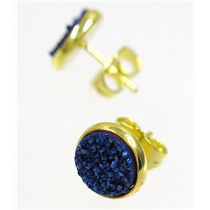 black druzy agate earring studs, gold plated, approx 8mm dia [GMER042]