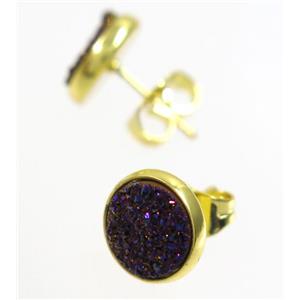 purple druzy agate earring studs, gold plated, approx 8mm dia [GMER043]