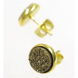 golden druzy agate earring studs, gold plated, approx 8mm dia [GMER045]