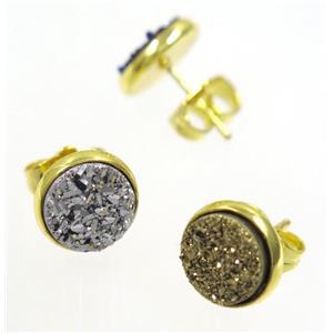 druzy agate earring studs, mix color, gold plated, approx 8mm dia [GMER047]