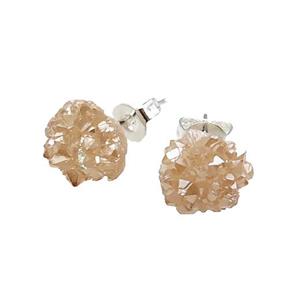 gold-champagne druzy agate earring studs, silver plated, approx 8mm dia [GMER049]