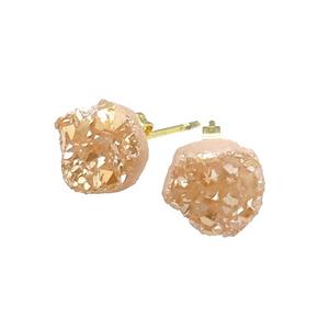 gold champagne druzy agate earring studs, gold plated, approx 8mm dia [GMER053]