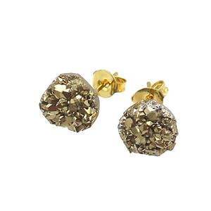 golden druzy agate earring studs, gold plated, approx 8mm dia [GMER054]