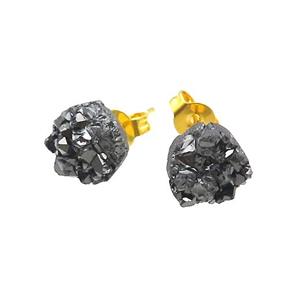 black druzy agate earring studs, gold plated, approx 8mm dia [GMER055]