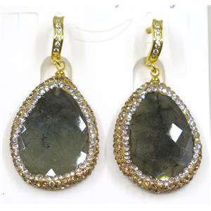 labradorite earring paved rhinestone, teardrop, approx 22-33mm [GMER064]
