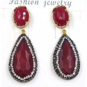 red jade earring pave rhinestone, teardrop, approx 18-33mm, 12-16mm [GMER066]