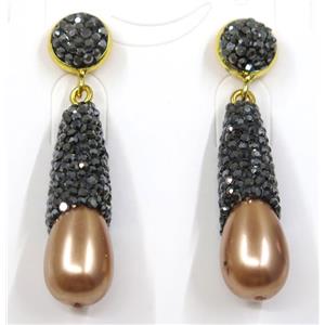 gold champagne pearl shell earring pave rhinestone, approx 10x30mm [GMER072]