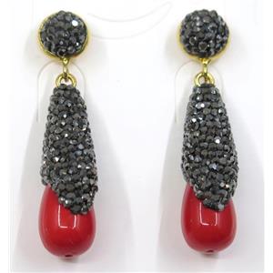 red pearl shell earring pave rhinestone, approx 10x30mm [GMER073]