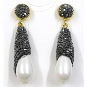 white pearl shell earring pave rhinestone, approx 10x30mm [GMER074]