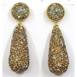 resin earring pave white yellow rhinestone, teardrop, approx 15x33mm [GMER075]