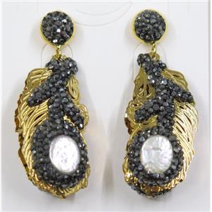 white freshwater Pearl earring pave rhinestone, alloy, gold plated, approx 20-40mm [GMER089]
