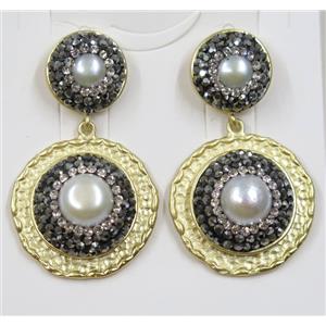 white freshwater Pearl earring pave rhinestone, alloy, gold plated, approx 25mm dia, 14mm dia [GMER092]