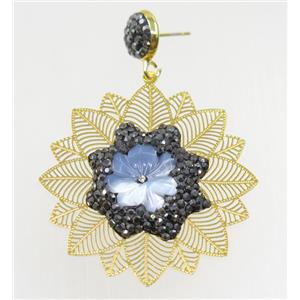 shell earring paved yellow rhinestone, copper, approx 42mm dia [GMER102]