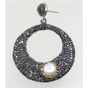 resin earring paved rhinestone with pearl, approx 40mm dia [GMER106]