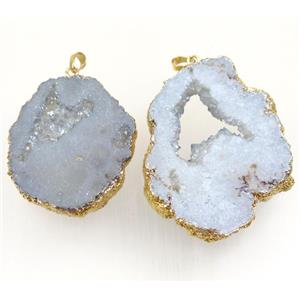 lt.blue gray champagne Druzy Agate slice pendant, freeform, gold plated, approx 30-70mm [GMER139]