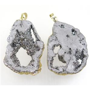 silver Druzy Agate slice pendant, freeform, gold plated, approx 30-70mm [GMER142]
