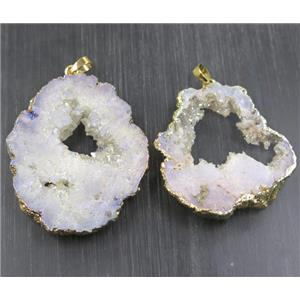 white AB-color Druzy Agate slice pendant, freeform, gold plated, approx 30-70mm [GMER143]