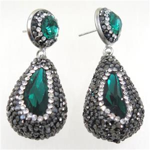 green Chinese Crystal Glass Earring pave rhinestone, approx 20-30mm, 14mm dia [GMER193]