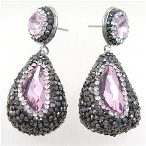 pink Chinese Crystal Glass Earring pave rhinestone, approx 20-30mm, 14mm dia [GMER195]