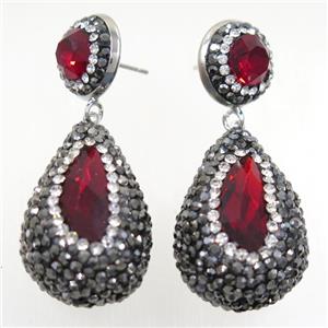 ruby Chinese Crystal Glass Earring pave rhinestone, approx 20-30mm, 14mm dia [GMER197]