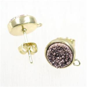 coffee druzy quartz earring studs, flat-round, gold plated, approx 10mm dia [GMER205]